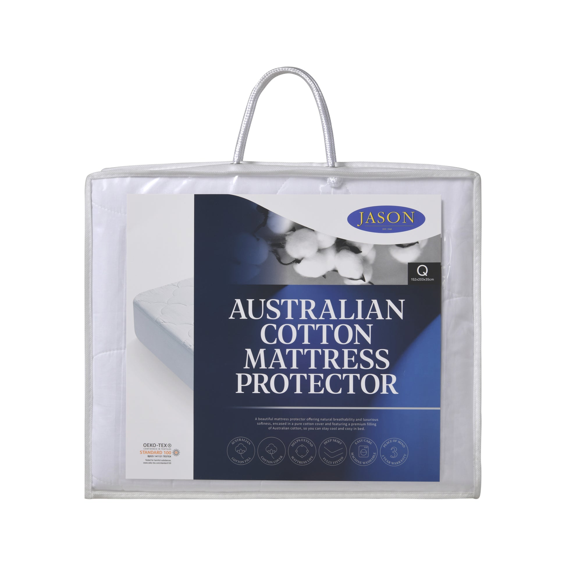 Packaged Australian cotton mattress protector in a plastic cover with a blue and white label showing the brand and product details.