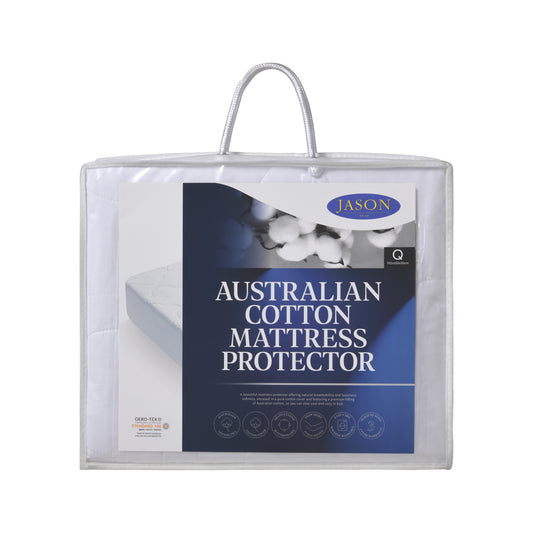 Packaged Australian cotton mattress protector in a plastic cover with a blue and white label showing the brand and product details.