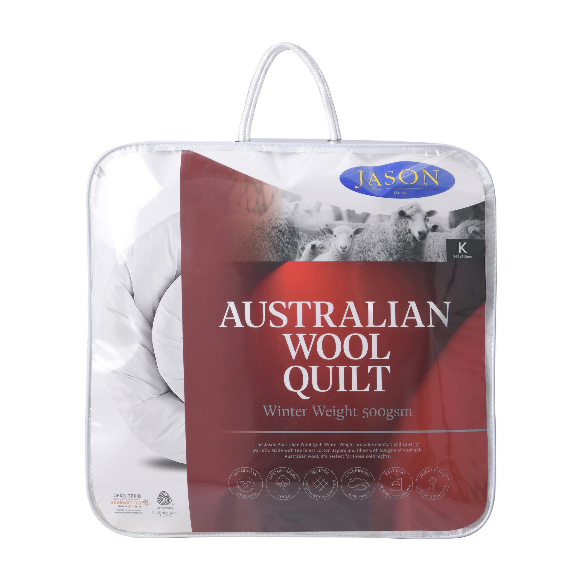 Packaged Australian wool quilt in a white and red plastic cover with the brand name visible on a label.