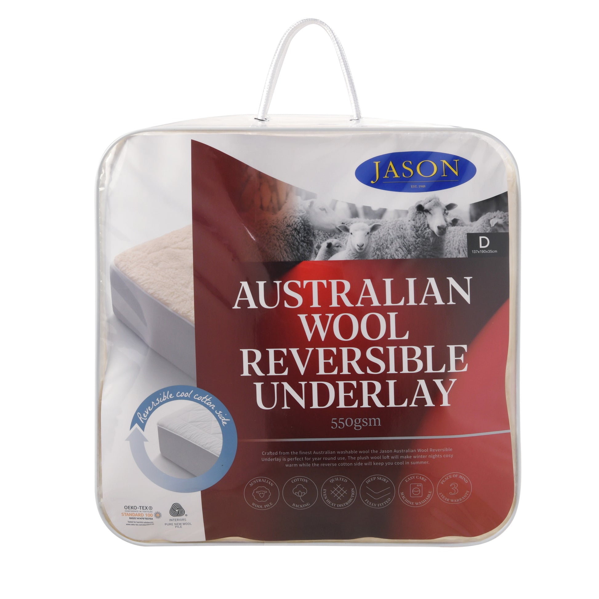 Packaging of Jason Australian Wool Reversible Underlay, showing the product and its features.
